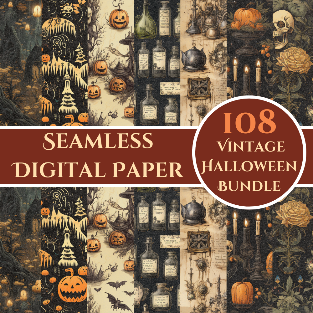 108 Vintage Halloween Themed Digital Papers, Seamless, Commercial, Instant Download Halloween Themed Digital Paper, Spooky Craft Halloween