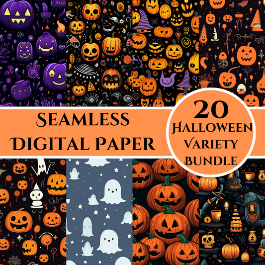 20 Cute Halloween Themed Digital Papers, Seamless, Commercial, Instant Download Halloween Themed Digital Paper, Purple and Orange Halloween