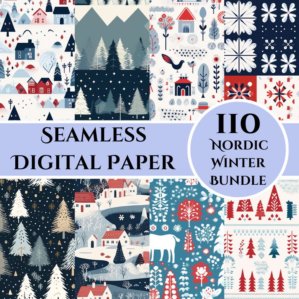 Nordic Winter Digital Paper Pack - 110 Scandinavian Holiday Backgrounds for Scrapbooking and Crafts