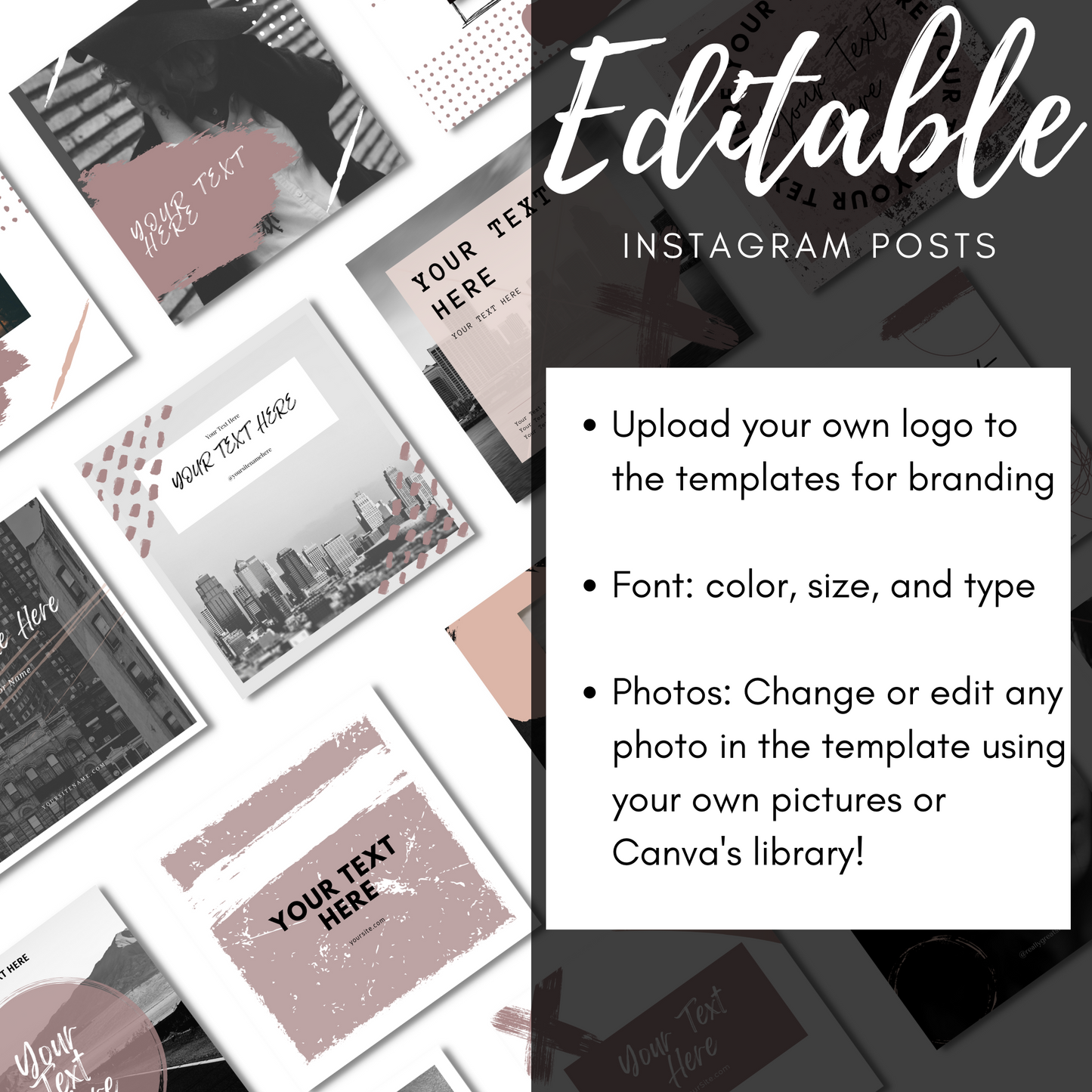20 Black and Blush Instagram Post Templates | Editable in Canva | Social Media Branding | Valentines | Instant Download